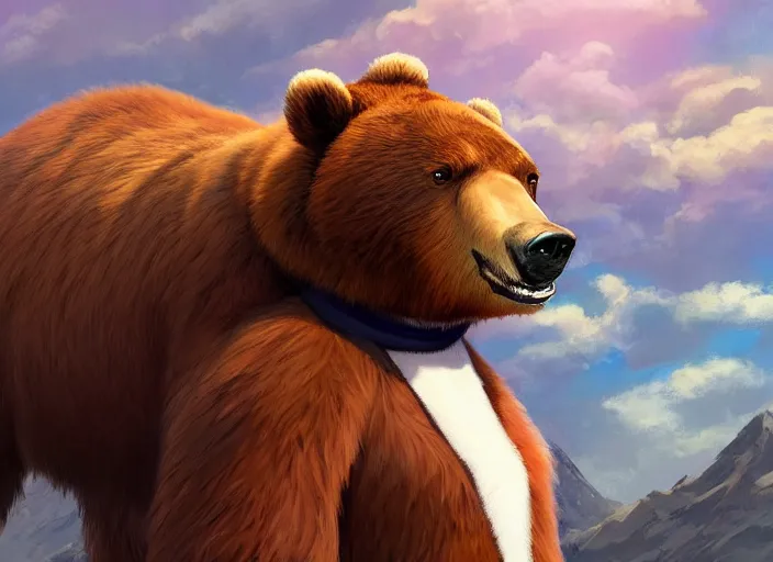 Image similar to character portrait feature of the anthro male anthropomorphic kamchatka brown bear fursona wearing airline pilot outfit uniform professional pilot for delta airlines character design stylized by charlie bowater, ross tran, artgerm, and makoto shinkai, detailed, soft lighting, rendered in octane