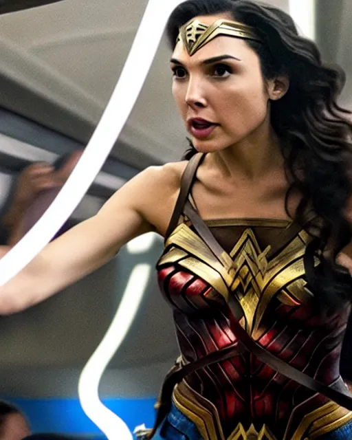 Prompt: gal gadot as wonder woman demonstrates using her glowing lasso of truth while riding a subway train, photorealistic, cinematic, color