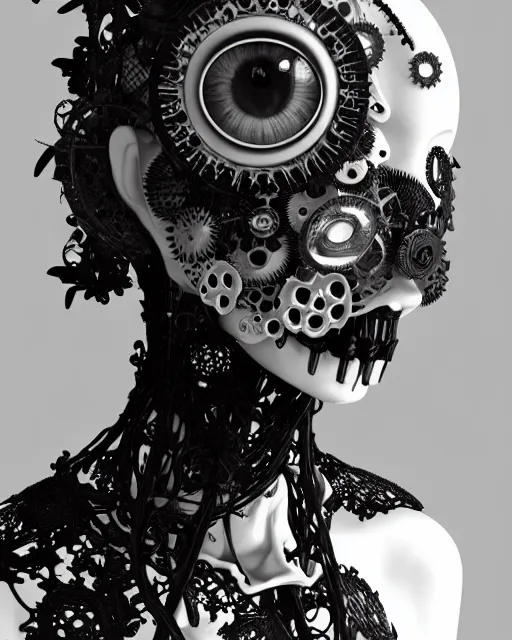 Prompt: black and white dreamy foggy smoky profile face portrait, one silver steampunk eye biomechanical beautiful young female cyclope - cyborg - robot bust, body ribs meshes,, volumetric light, hibiscus flowers, rim light, by hg giger and cecile beaton, big gothic fashion pearl embroidered collar, 8 k