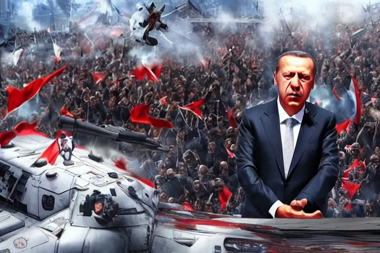 Image similar to epic cutscene of the final boss tayyip erdogan getting defeated in an open world game, hyperralistic, unreal engine, 8 k, raytracing, subsurface scattering