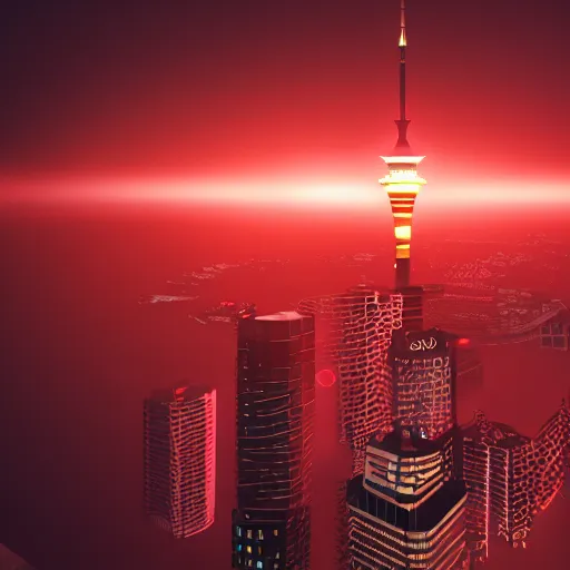 Image similar to auckland sky tower, red lighting, evil, artstation, octane render