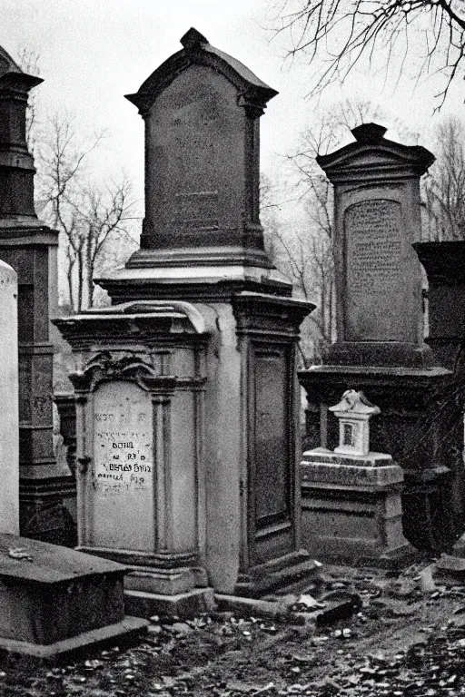 Prompt: Kodak T-MAX 3200 photo of creepy cemetery, 1910s paris, crow, scary, horror, dark mood