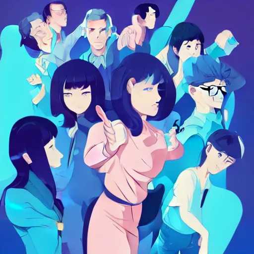 Image similar to group of smiling collegues, clean cel shaded vector art. shutterstock. behance hd by lois van baarle, artgerm, helen huang, by makoto shinkai and ilya kuvshinov, rossdraws, illustration