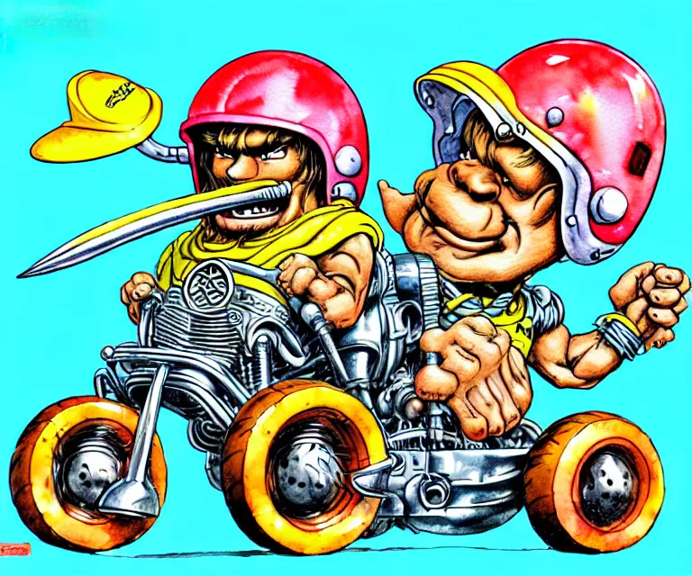 Prompt: cute and funny, heman, wearing a helmet, driving a hotrod, oversized enginee, ratfink style by ed roth, centered award winning watercolor pen illustration, isometric illustration by chihiro iwasaki, the artwork of r. crumb and his cheap suit, cult - classic - comic,