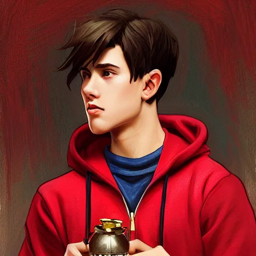 Image similar to a preppy magic student boy wearing a red hoodie, holding a bell, d & d, fantasy, intricate, cinematic lighting, highly detailed, digital painting, artstation, concept art, smooth, sharp focus, illustration, art by artgerm and greg rutkowski and alphonse mucha