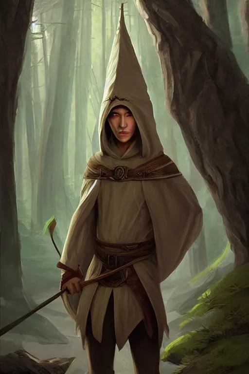 Image similar to beautiful, digital art, portrait painting of a male elf wizard, wearing linen hooded cloth. forest background. artstation, by bartek fedyczak, erak note, tooth wu, neil richards, kan liu, siwoo kim, jisu choe