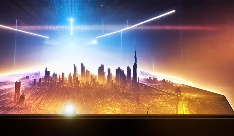 Image similar to large group of people in walled warehouse, looking at hologram of futuristic city on a table, cinematic concept art, godrays, golden hour, natural sunlight, 4 k, clear details, tabletop model buildings, center model buildings, hologram center, crane shot, crane shot, crane shot