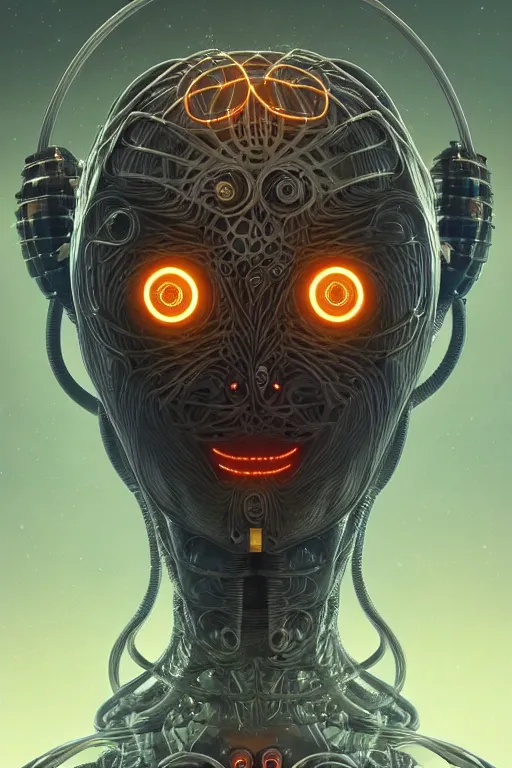 Image similar to a centered render of an alien bio - organic creature adorned with cables and synthesizer parts is surrounded by sacred geometry, full body, bio - mech face, powerful, cinematic, beautifully lit, by artgerm, by karol bak, 3 d, trending on artstation, octane render, 8 k