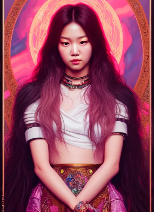 Prompt: roseanne park of blackpink, queen, tarot card, highly detailed, digital painting, smooth, sharp focus, illustration, ultra realistic, unreal engine, 8 k, art by simon bisley and greg rutkowski and alphonse mucha