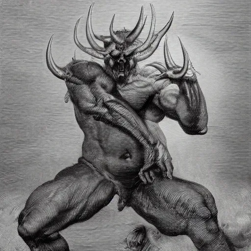 Image similar to full body grayscale drawing by Gustave Dore of muscled horned humanoid beast, swirling flames