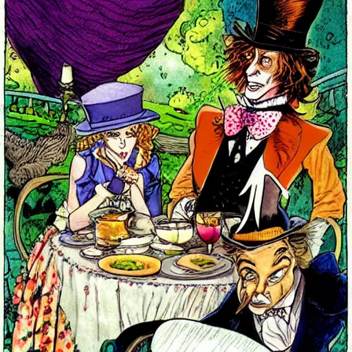Prompt: The Mad hatter is on a date with Alice, Milo Manara style