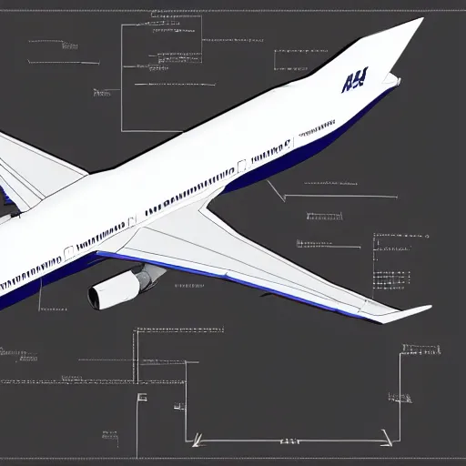 Prompt: isometric art blueprints of a boeing jet 7 4 7 with labels detailed technical drawing