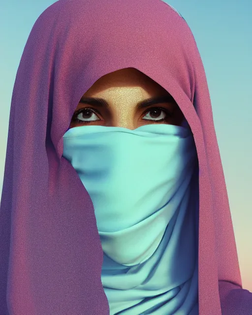 Image similar to Saudi woman wearing a niqab starring at the camera, neutral face, 4k, pastel colours, greek sculpture, by beeple, album cover, accurate