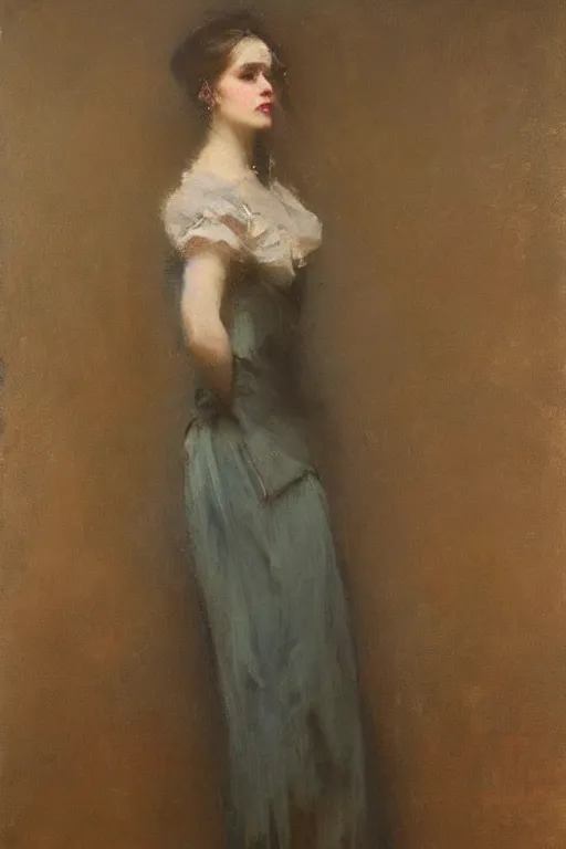 Prompt: Richard Schmid and Jeremy Lipking victorian genre painting full length portrait painting of a young beautiful woman victorian rich dancer