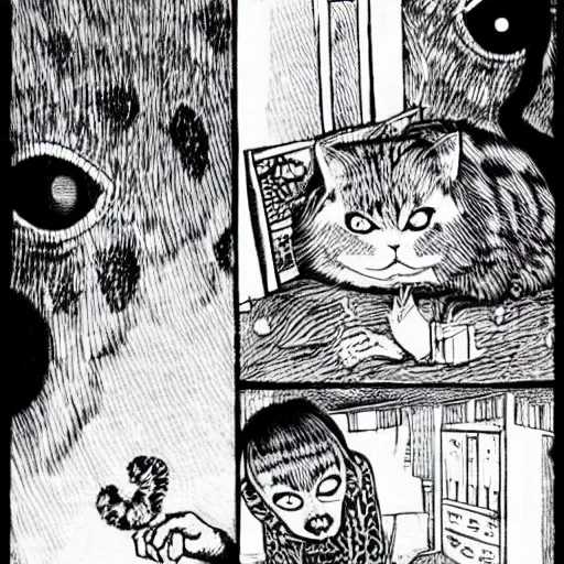 Image similar to a frightening cat consuming a body whole, by junji ito