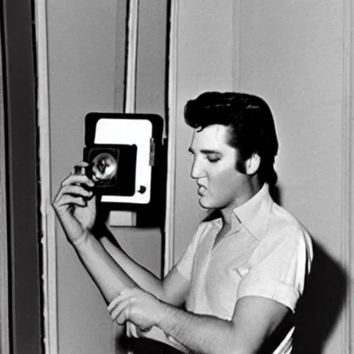 Prompt: Elvis Presley looking at the first iPhone. 1950s photo.