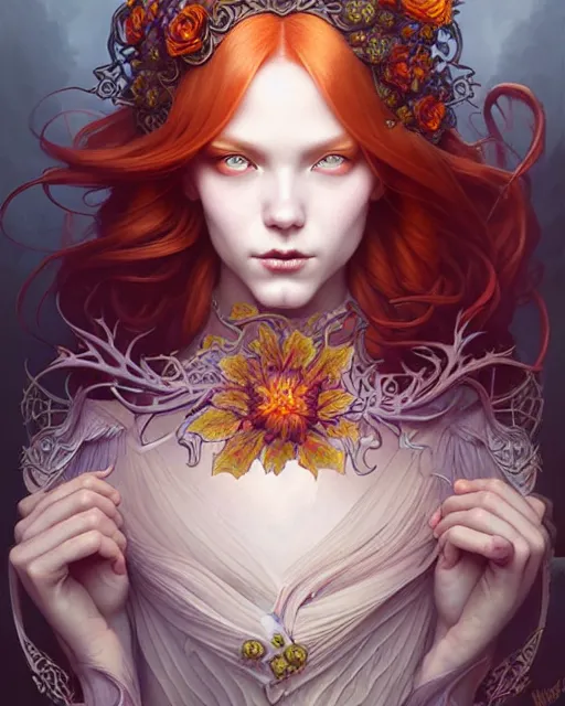 Image similar to Beautiful, evil and playful ethereal ginger portrait, art nouveau, fantasy, intricate flower designs, elegant, highly detailed, sharp focus, art by Artgerm and Greg Rutkowski and WLOP