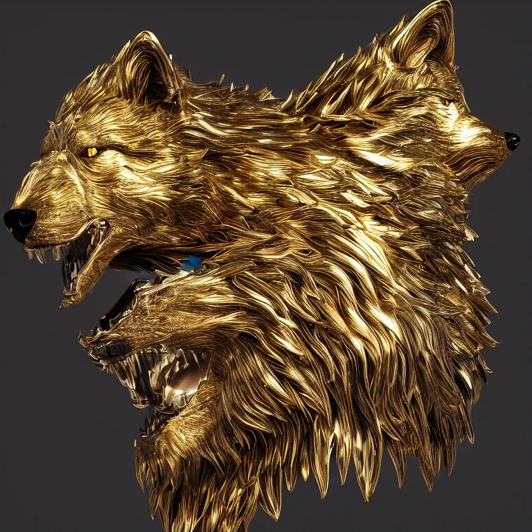 Image similar to chrome and gold wolf, glossy, metallic, neon, symmetrical, tribal patterns, realistic, unreal engine, octane, redshift, artstation, behance