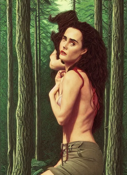 Image similar to portrait of jennifer connelly in woods looking for her friends, twin peaks poster art, from scene from twin peaks, by michael whelan, rossetti bouguereau, artgerm, retro, nostalgic, old fashioned