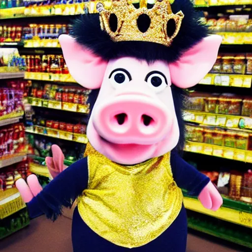 Prompt: cute pig wearing a gold crown as a Muppet 8k shopping at a grocery store