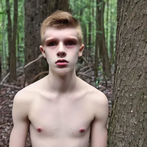 Prompt: male teenager, around 1 9 years old, pale skin, with scar on his face. wearing loincloth in deep and eerie forest