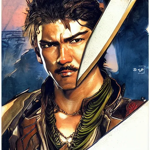 Prompt: portrait of a white and hispanic hero holding his sword in front of his face by yoji shinkawa, high quality, extra details, realism, ornate, colored, golden chain, blood