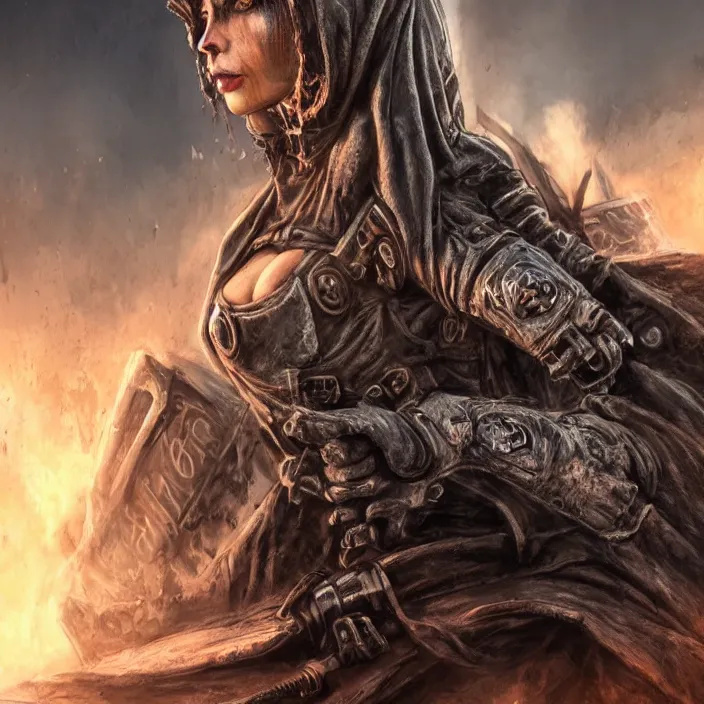 Image similar to beautiful apocalyptic woman in hooded cloak, standing on mad max muscle car, hyper-detailed, smooth, sharp focus, 4k ultra hd, fantasy dark art, tank girl, artgerm, artstation, octane render, elegant, detailed digital painting, apocalyptic art, gears of war, unreal engine, cryengine