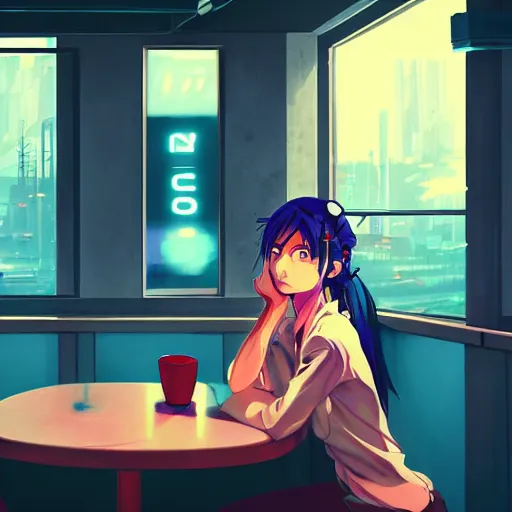 Image similar to beautiful anime painting of a woman with dark - blue hair sitting in a cyberpunk cafe, neon lights outside, by makoto shinkai, kimi no na wa, artstation, atmospheric, high detail