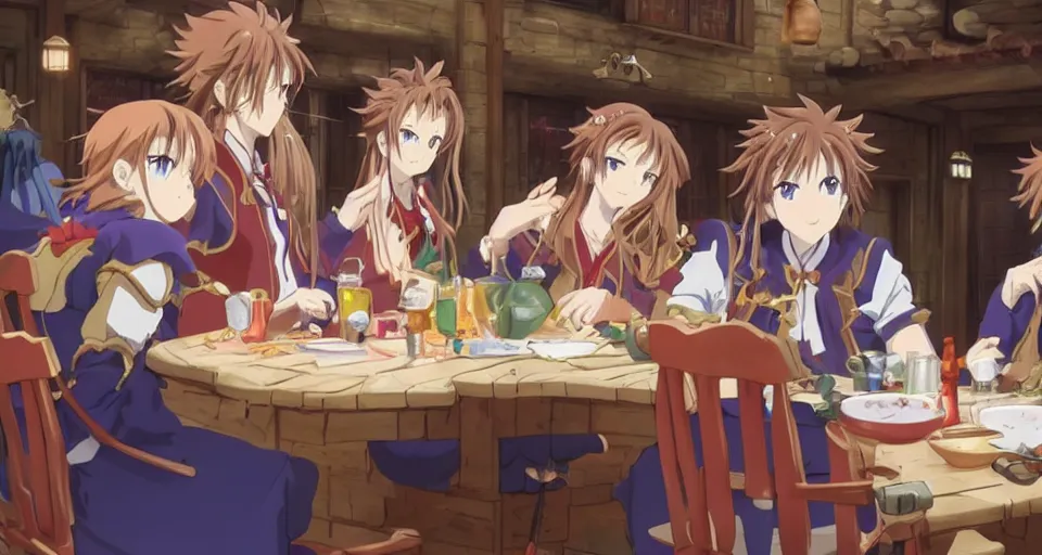 Image similar to Kyoto Animation anime still of a D&D party consisting of a human, an elf and a dwarf drinking in a tavern.