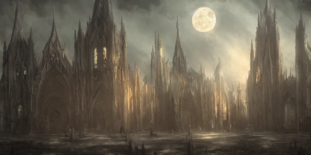 Image similar to cathedral from demons souls, gothic art, concept art, digital painting, trending on art station, night time render, moon light, god rays, highly detailed