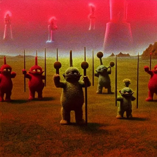 Image similar to teletubbies, Mordor-like, Beksinski style, bloody environment