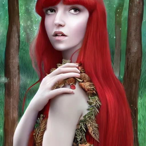 Image similar to Girl, long red hair, short bangs, in a beautiful skirt made of leaves with dewdrops on them, clothes, tiny mushrooms and forest on a dress, mushrooms decoration on the dress, on the background of a magickal forest, Designer clothes, vouge photo, fashion style, fullbody, in full growth, intricate, elegant, highly detailed, artstation, concept art, smooth, sharp focus, illustration, art by greg rutkowski and orientalism and bouguereau and Zdzislaw Beksinski, good clear quality, lighting, biology, symmetrical artwork, perfect face, 135 mm, cinematic, hyper realism, high detail, octane render, 8k, chrome accents