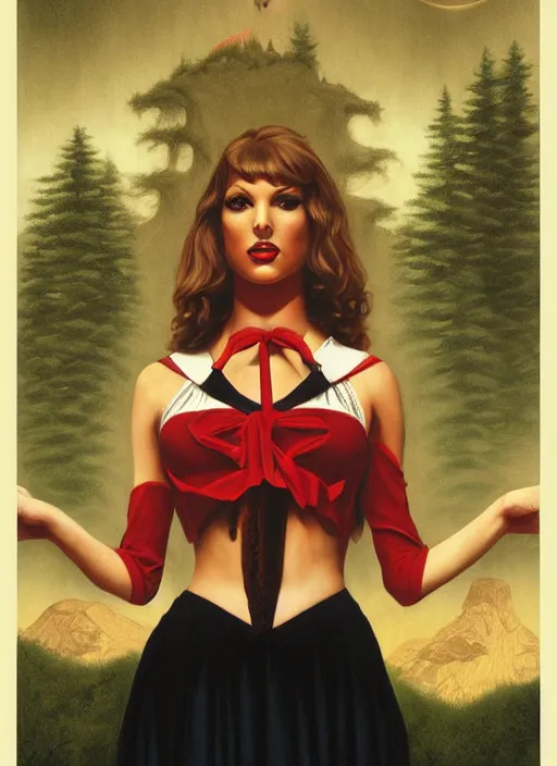 Prompt: twin peaks poster art, portrait of talyor swift cheerleader in sacrifice ritual at the black lodge, by michael whelan, rossetti bouguereau, artgerm, retro, nostalgic, old fashioned