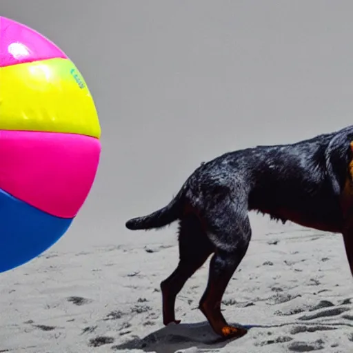 Image similar to snarling hellhound dog playing with a colorful beachball in hell