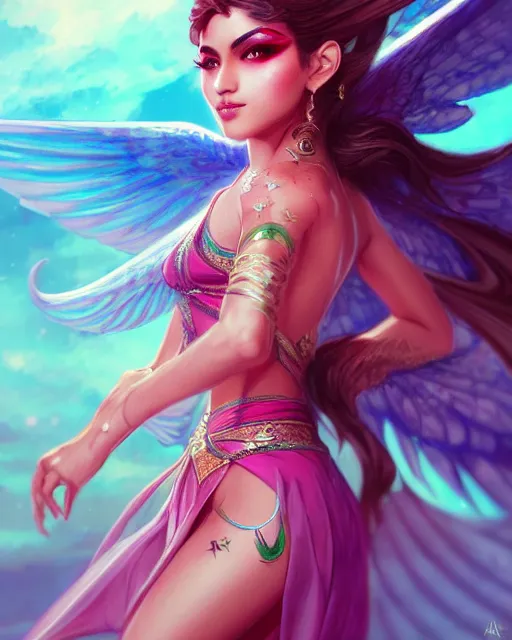 Image similar to 3 / 4 view of an arab girl with wings, confident pose, pixie character, video game genshin impact, intricate, elegant, sharp focus, illustration, bright colors, concept art, matte, magali villeneuve, artgerm, anime, trending on artstation