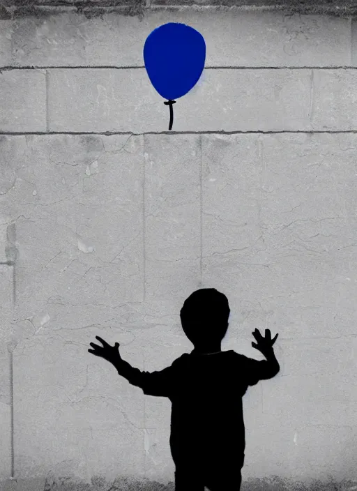 Image similar to A black and white graffiti of boy holding a single graffiti dark blue balloon on a concrete background in the style of Banksy, graffiti, digital art