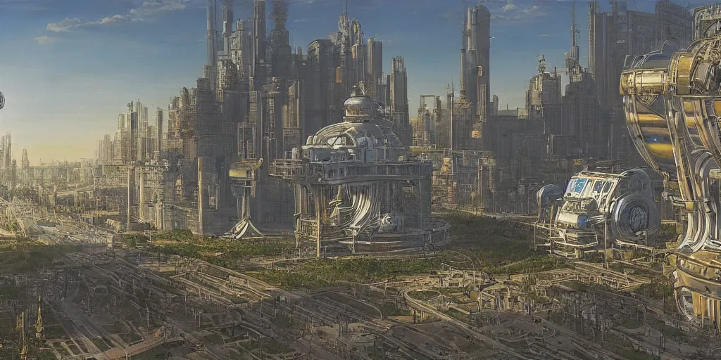 Prompt: wonderous fusion reactor, clean utopia, in an urban setting, by Ivan Shishkin and Greg Rukowski