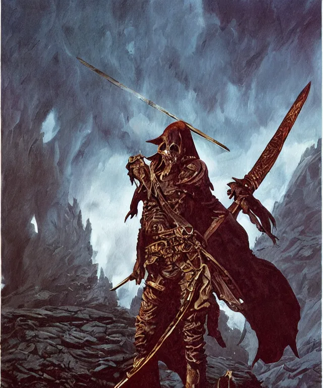 Image similar to ultra realistic color portrait painting of an undead pirate with a sword in a grotto, dark, painted, brooding, atmospheric, seascape, lovecraft, horror, smooth, epic, highly detailed, cinematic, by angus mcbride
