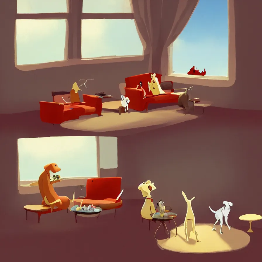 Image similar to Goro Fujita illustrating A dog on a sofa staring at the food dish under the window in the living room