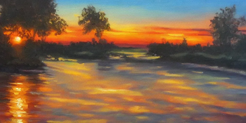 Prompt: Lovely sunset oil painting