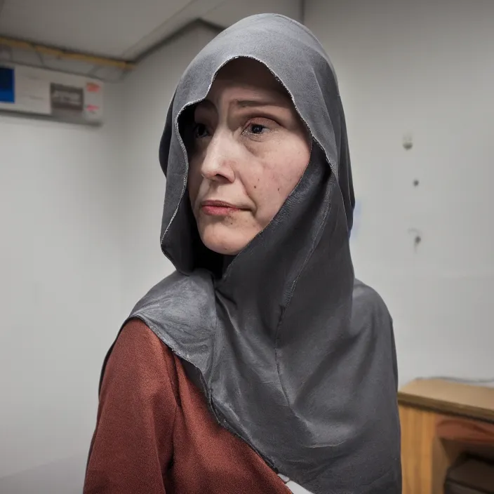 Prompt: a woman wearing a hood made of wire and plastic, in a laundry mat, color photograph, by caravaggio, canon eos c 3 0 0, ƒ 1. 8, 3 5 mm, 8 k, medium - format print