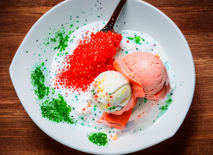 Prompt: dslr food photograph of ice cream sundae topped with salmon roe and wasabi drizzle, 8 5 mm f 1. 8
