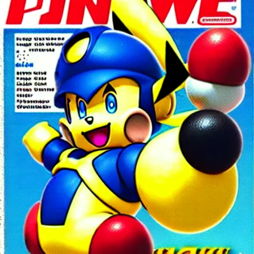 Image similar to nintendo power magazine cover from the 1 9 9 0 s featuring megaman as pikachu