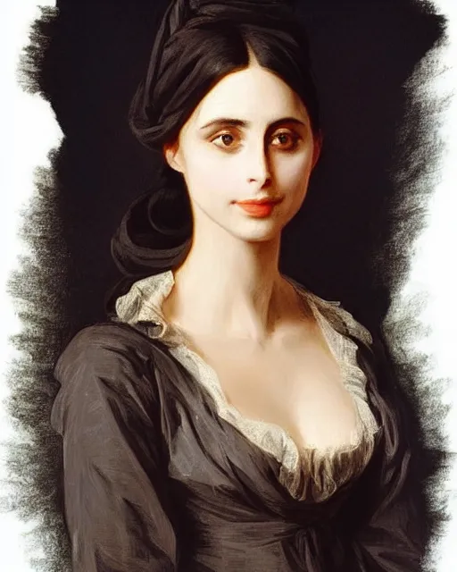 Image similar to style of louise elisabeth vigee le brun : : gorgeous willa holland : : evil witch, swirling black magic, black dress : : symmetrical face, symmetrical eyes : : full body pose : : gorgeous black hair : : magic lighting, low spacial lighting : :