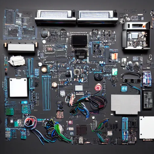 Image similar to computer parts, knolling, studio photo