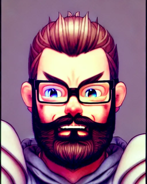 Image similar to 3D illustration depicting a scruffy bearded bald ginger boy, streaming videogames on twitch, complex artistic style, color ink pen illustration, subtle detailing, illustrated by Artgerm and Range Murata.