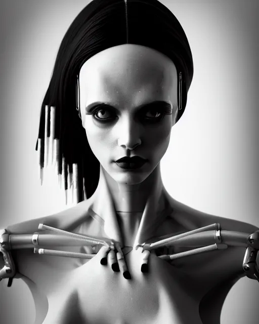 Image similar to surreal mythical dreamy dark artistic black and white fine art 3 / 4 portrait photo of a young delicate female robot - mutant - vegetal - cyborg with long pale feathers, rim light, cinematic, studio dramatic light, poetic, octane render, 8 k, photo - realistic