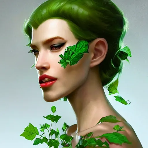 Image similar to profile view close up of a woman's mouth that is about to bite into a banana, summer queen. faerie queen. queen of light, green, poison ivy, made by caravaggio stanley artgerm lau wlop rossdraws artstation cgsociety concept art octane render