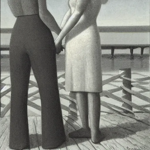 Image similar to two women!!! holding hands! on a pier! next to the ocean!! looking at the camera! by grant wood!-H 768