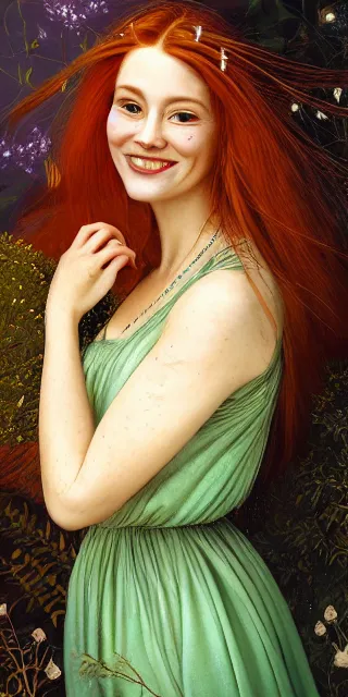 Image similar to young woman, serene smile, surrounded by golden firefly lights, full covering intricate detailed dress, amidst nature, long red hair, precise linework, accurate green eyes, small nose with freckles, beautiful smooth oval shape face, empathic, expressive emotions, dramatic lights, hyper realistic ultrafine art by artemisia gentileschi, jessica rossier, boris vallejo